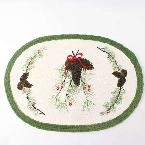 2 Oval Woven Cotton Holiday Placemats with Pinecones, Branches, and Green Border
