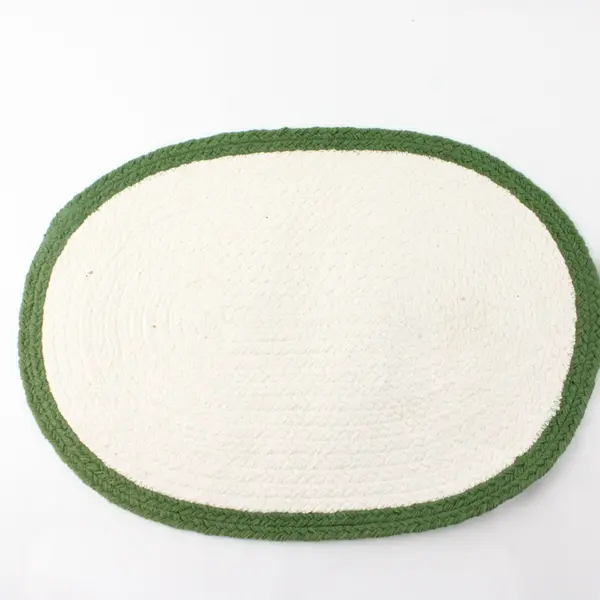 2 Oval Woven Cotton Holiday Placemats with Pinecones, Branches, and Green Border