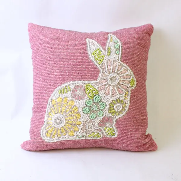 Beaded Bunny Rabbit Floral Square Throw Pillow 11 in