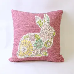Beaded Bunny Rabbit Floral Square Throw Pillow 11 in