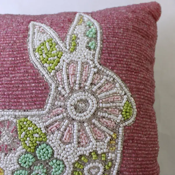 Beaded Bunny Rabbit Floral Square Throw Pillow 11 in
