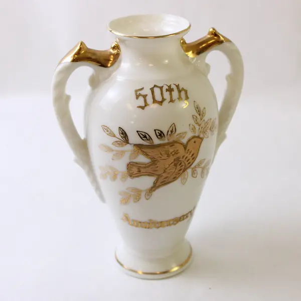 Lefton Porcelain Vase Gold Trim 50th Anniversary Dove E-2