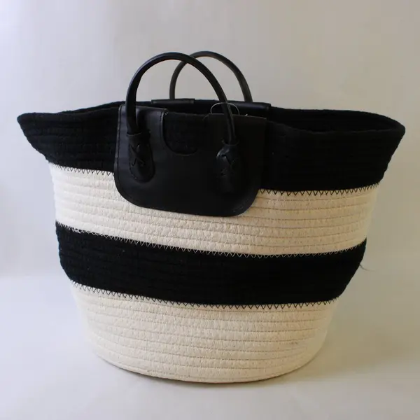HD Designs Folk Fusion Black Beige Coiled Rope Basket Faux Leather Handles