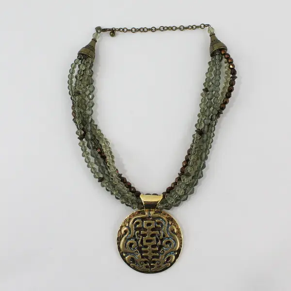 Chico's Green Brown Beaded Multi-Strand Gold-Tone Chinese Pendant Necklace 20"
