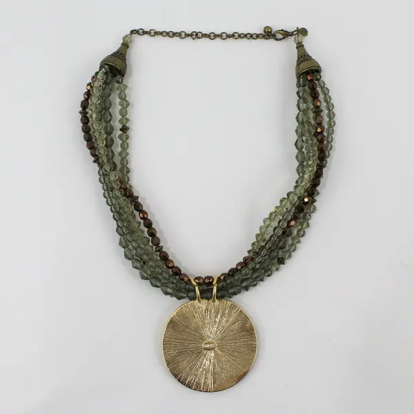 Chico's Green Brown Beaded Multi-Strand Gold-Tone Chinese Pendant Necklace 20"
