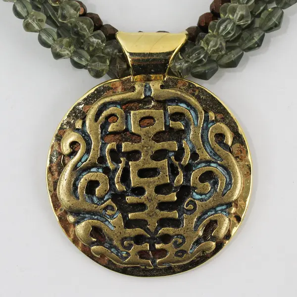 Chico's Green Brown Beaded Multi-Strand Gold-Tone Chinese Pendant Necklace 20"