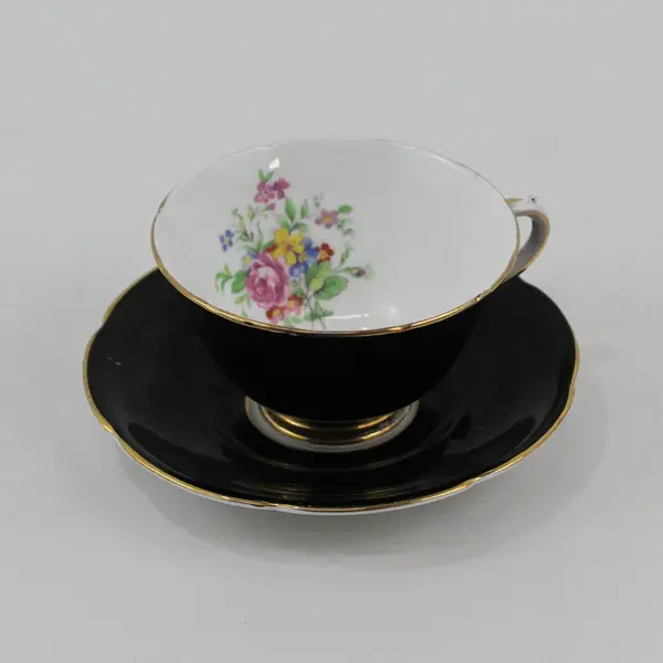 Collingwoods Fine Bone China Black Floral Footed Teacup Saucer Gold Trim England