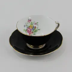 Collingwoods Fine Bone China Black Floral Footed Teacup Saucer Gold Trim England