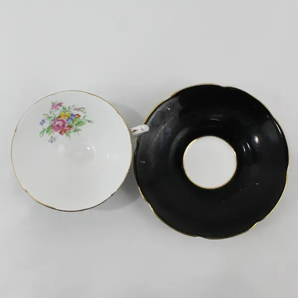 Collingwoods Fine Bone China Black Floral Footed Teacup Saucer Gold Trim England