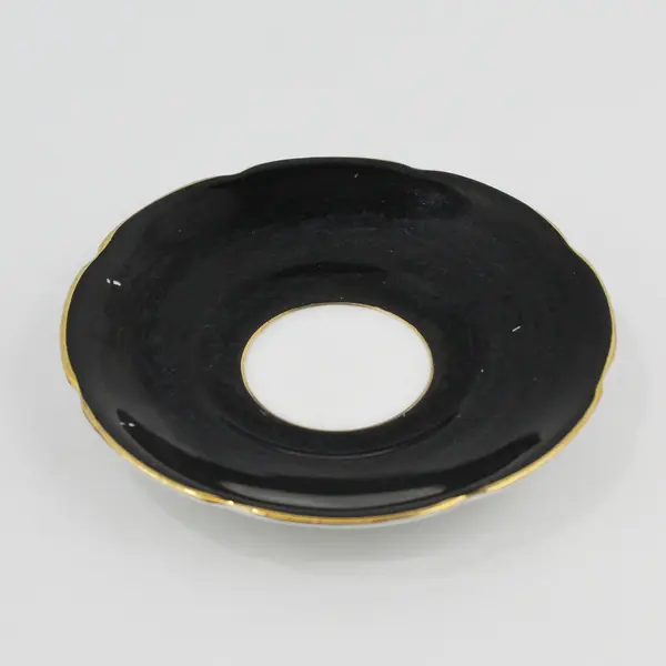 Collingwoods Fine Bone China Black Floral Footed Teacup Saucer Gold Trim England