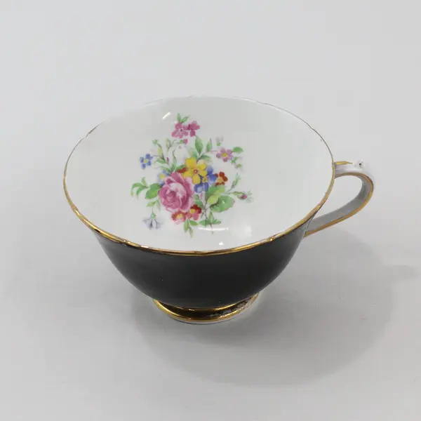 Collingwoods Fine Bone China Black Floral Footed Teacup Saucer Gold Trim England