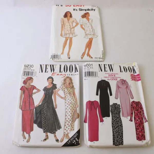 Lot 3 Sewing Patterns New Look 6001 8-18 6230 12-24 Simplicity 7671 8-20 As Is