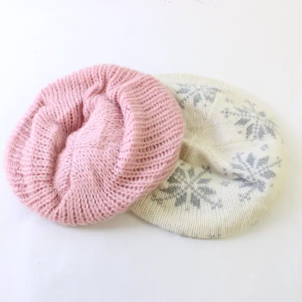 Lot of 2 Women's Knitted Berets Hats White Pink Snowflake