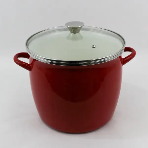 Large Red Copco Enamel Stock Pot With Glass Lid