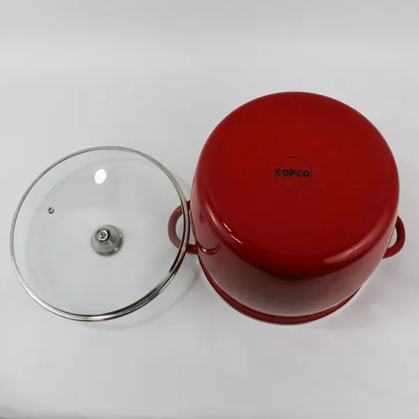 Large Red Copco Enamel Stock Pot With Glass Lid