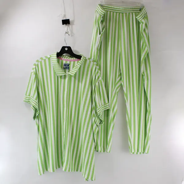 Muk Luks Women's 3X Green White Striped Button Down Short Sleeve Pajama Set