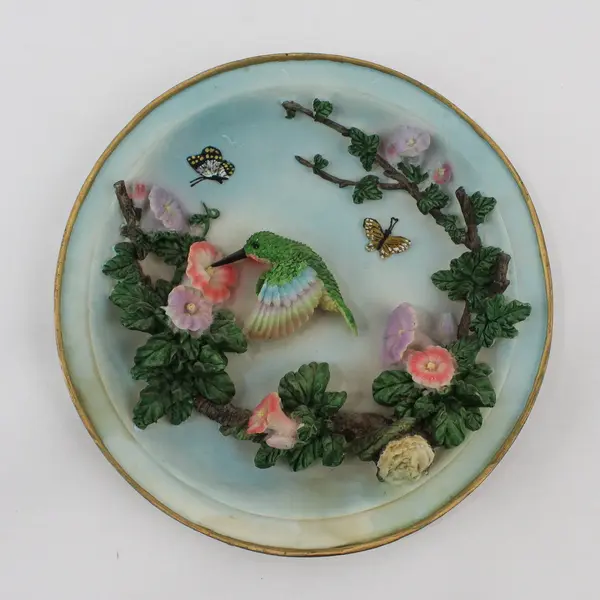 Hand Painted Raised Relief Hummingbird And Flowers Plate 7.5"  With Gold Trim