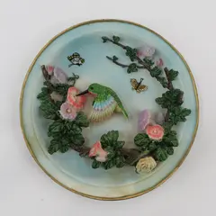 Hand Painted Raised Relief Hummingbird And Flowers Plate 7.5"  With Gold Trim