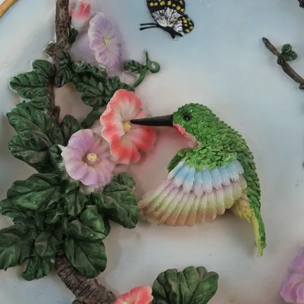 Hand Painted Raised Relief Hummingbird And Flowers Plate 7.5"  With Gold Trim