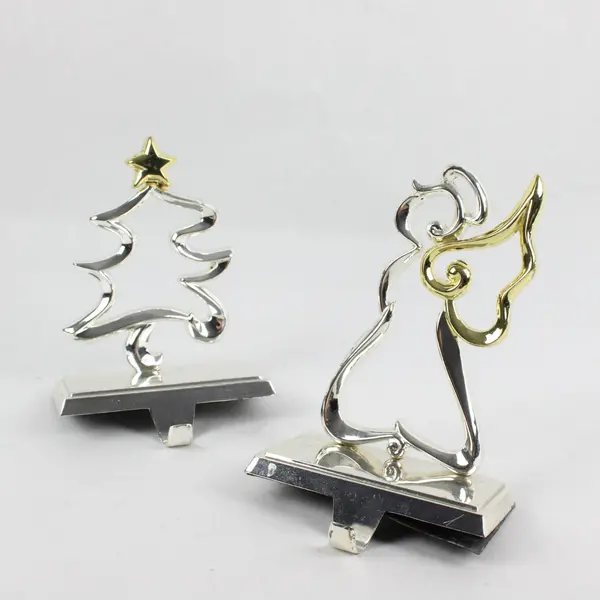 Set of 2 Silver & Gold Tone Over-Mantel Christmas Stocking Hangers Tree & Angel