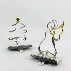Set of 2 Silver & Gold Tone Over-Mantel Christmas Stocking Hangers Tree & Angel