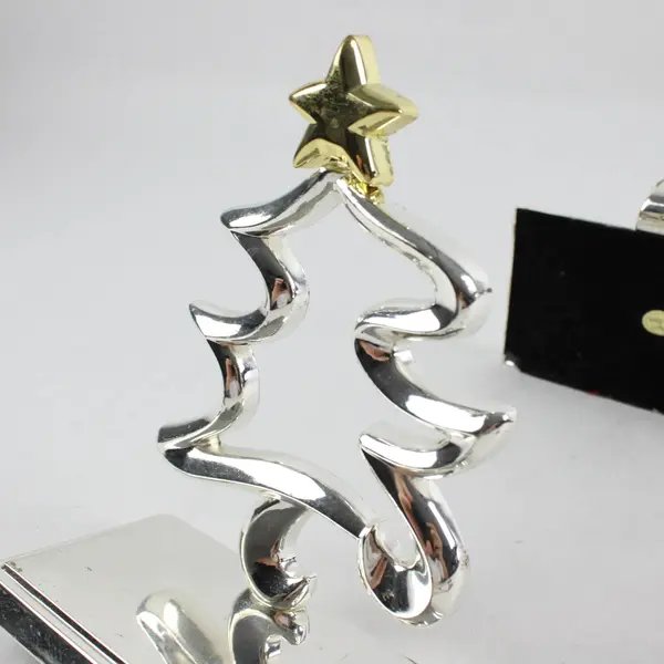 Set of 2 Silver & Gold Tone Over-Mantel Christmas Stocking Hangers Tree & Angel