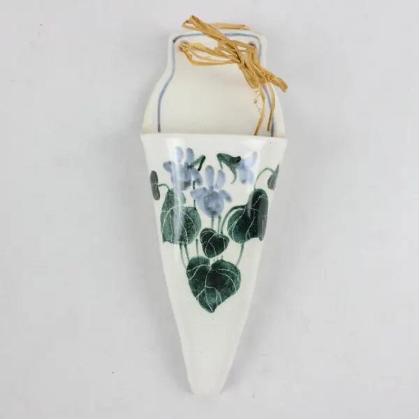 Vintage Euphemia Wesley Handmade Ceramic Wall Pocket Vase White & Blue Flowers