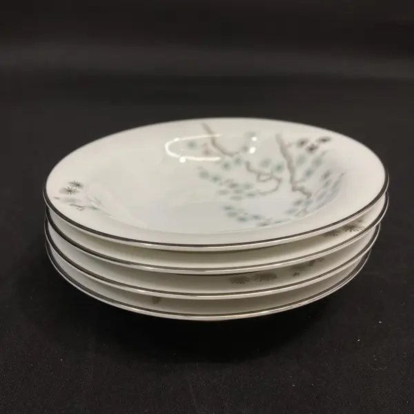  4 Vtg Noritake Pineville 5854 Wide Rim Soup Bowls White Platinum Rim 7.75"