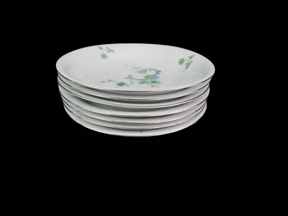 Lot of 7 Vintage Mitterteich Bavaria Green Ming Cereal Bowls Platinum Trim 8"