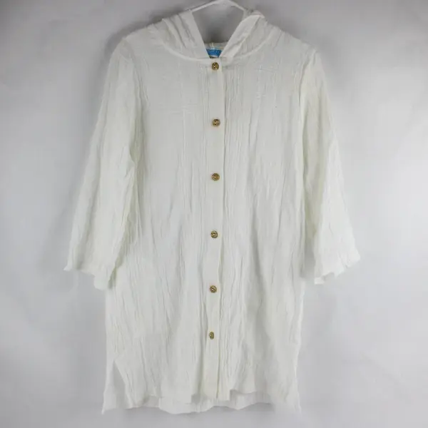 Dotti Sheer White Button-Front Hooded Cotton Beach Coverup Women's Medium