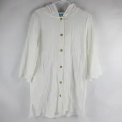 Dotti Sheer White Button-Front Hooded Cotton Beach Coverup Women's Medium