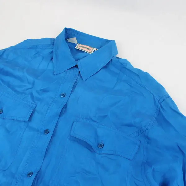 Vintage Freeway Blue Silk Button-Up Top Women's Small FLAWED