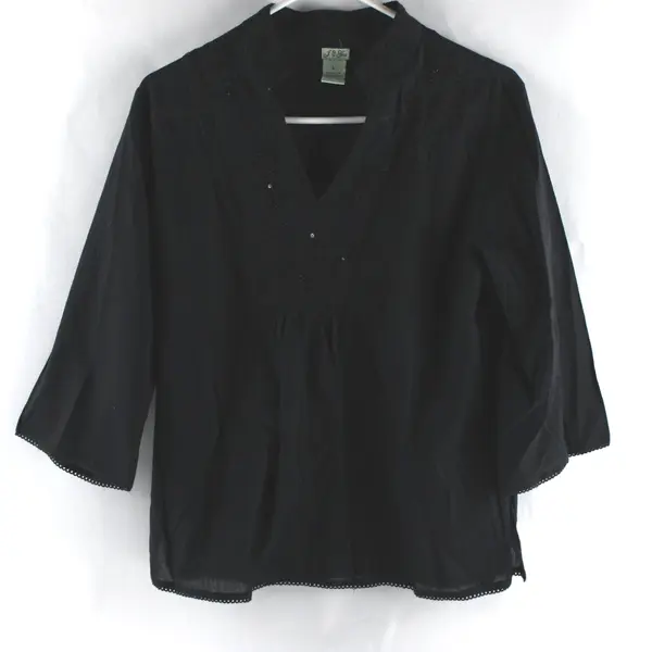 J. Gee Embroidered Sequin Black 3/4-Sleeve V-Neck Boho Top Women's Large