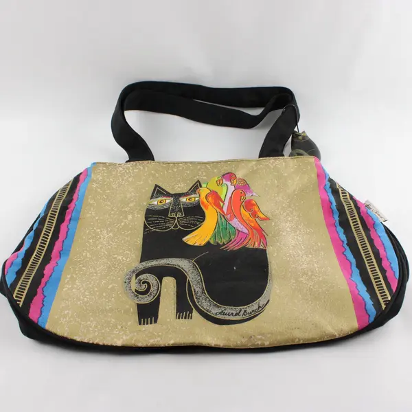 VTG Laurel Burch Cotton Tote Bag Colorful Cat & Bird Illustrations 19"Wx12"Hx4"D