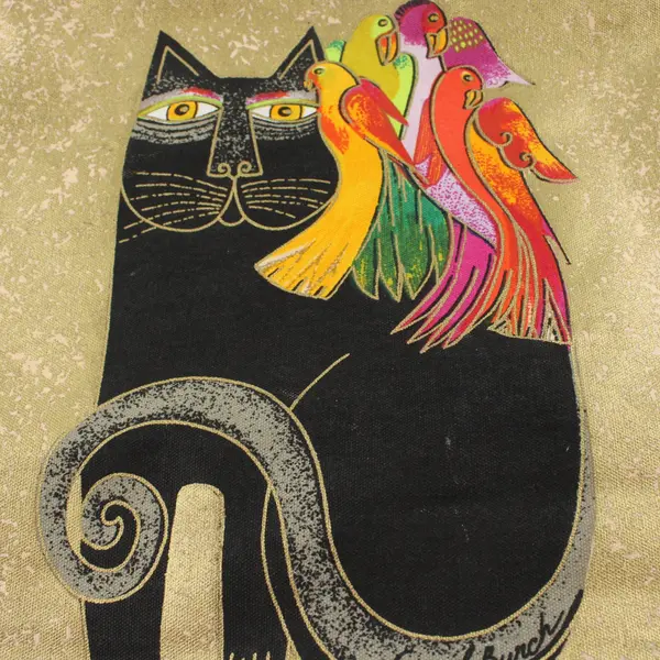 VTG Laurel Burch Cotton Tote Bag Colorful Cat & Bird Illustrations 19"Wx12"Hx4"D