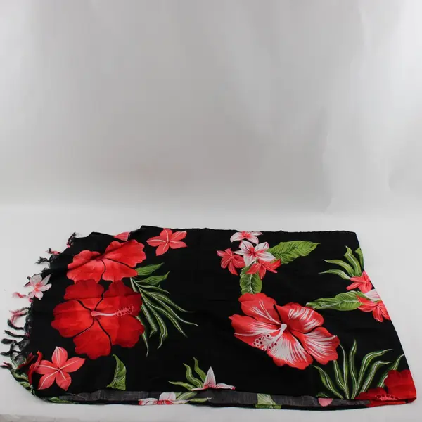 Hawaiian Floral Scarf Black Red with Fringe Ends 64" x 20"