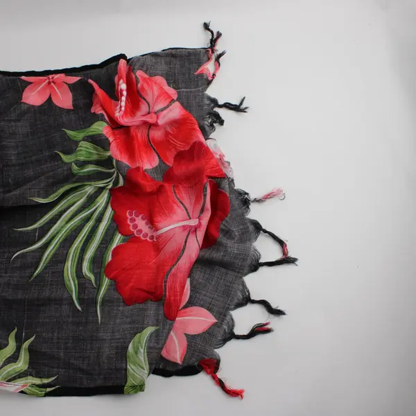 Hawaiian Floral Scarf Black Red with Fringe Ends 64" x 20"