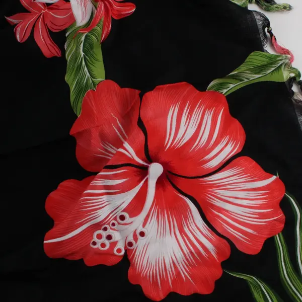 Hawaiian Floral Scarf Black Red with Fringe Ends 64" x 20"