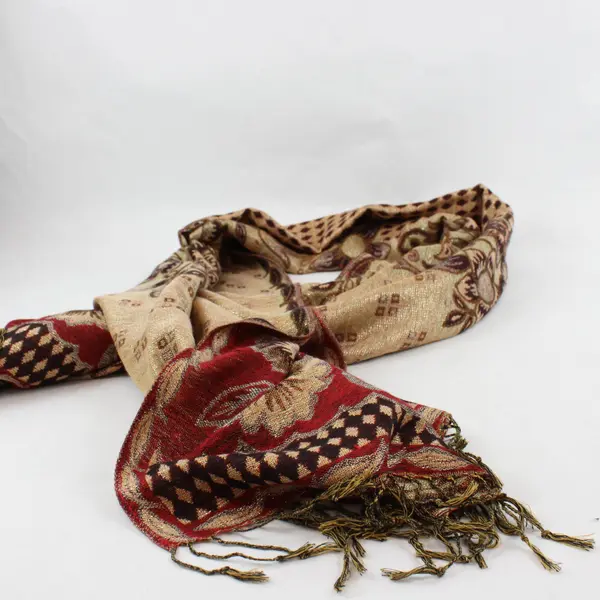 Red Yellow Sparkly Floral Boho Fringe Scarf Shawl 26x68 Loose Threads