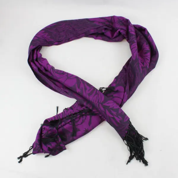 Plum Purple and Black Floral Fringe Scarf Wrap 27"x70"