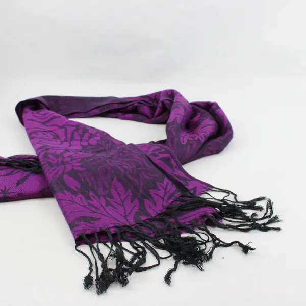 Plum Purple and Black Floral Fringe Scarf Wrap 27"x70"