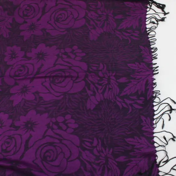 Plum Purple and Black Floral Fringe Scarf Wrap 27"x70"