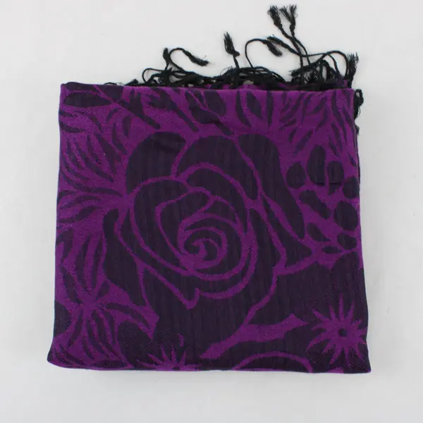 Plum Purple and Black Floral Fringe Scarf Wrap 27"x70"