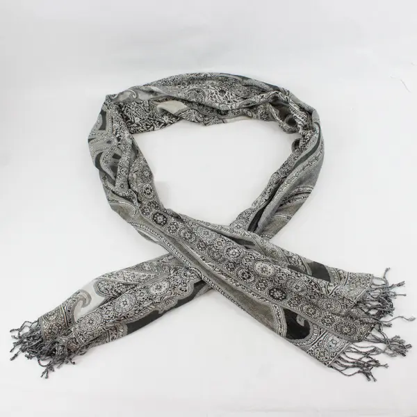 Gray Black and Beige Paisley Boho Fringe Scarf Wrap 20"x80"