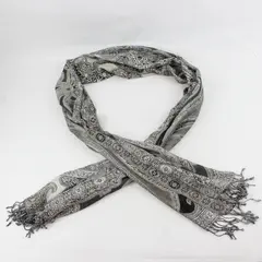 Gray Black and Beige Paisley Boho Fringe Scarf Wrap 20"x80"