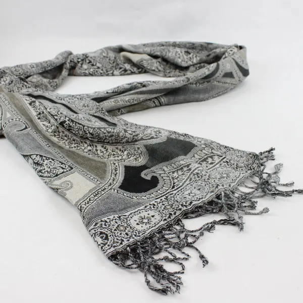 Gray Black and Beige Paisley Boho Fringe Scarf Wrap 20"x80"