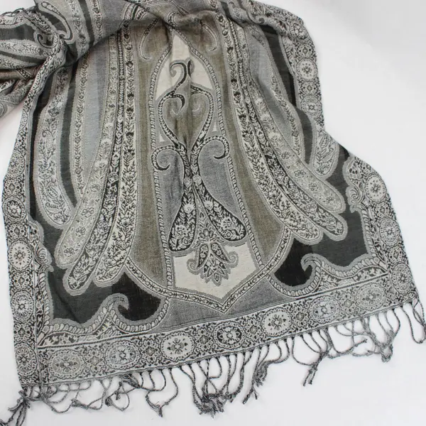 Gray Black and Beige Paisley Boho Fringe Scarf Wrap 20"x80"