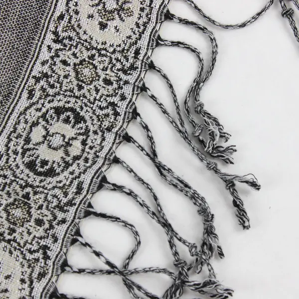 Gray Black and Beige Paisley Boho Fringe Scarf Wrap 20"x80"