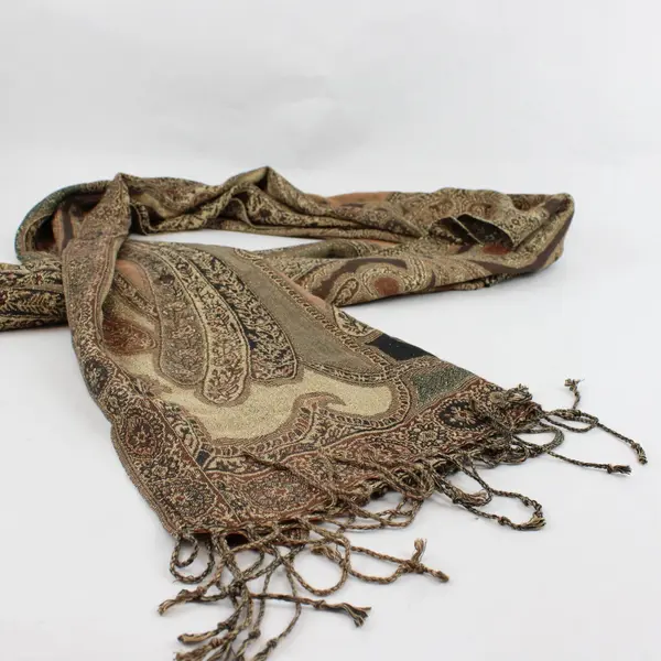 Sparkly Gold and Brown Paisley Boho Fringe Scarf Wrap 21"x78"
