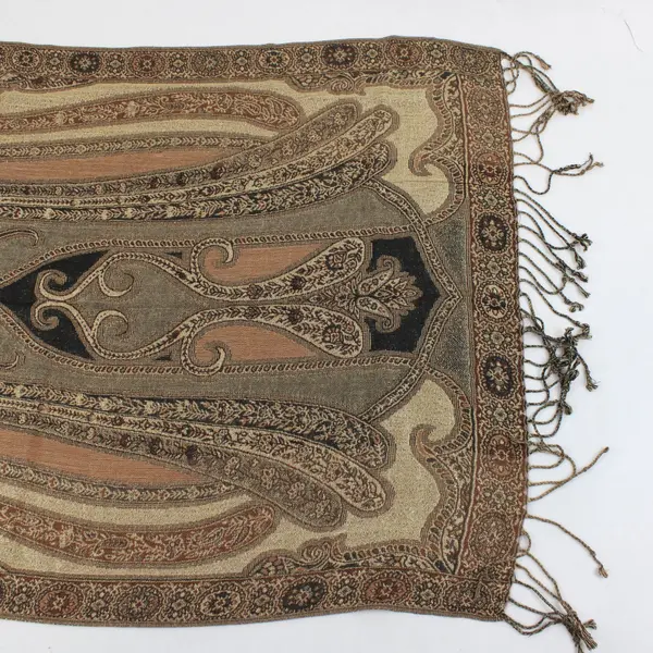 Sparkly Gold and Brown Paisley Boho Fringe Scarf Wrap 21"x78"